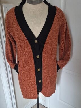 Rust Teddy Cardigan with Black Trim - Stylish Cozy Layer